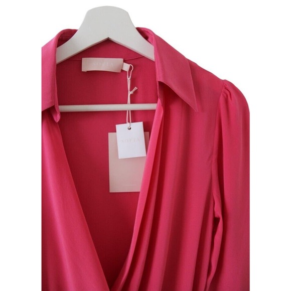 Sofia The Label NWT Dua Silk Wrap Dress Hot Pink Long Sleeve Mini - Picture 6 of 8